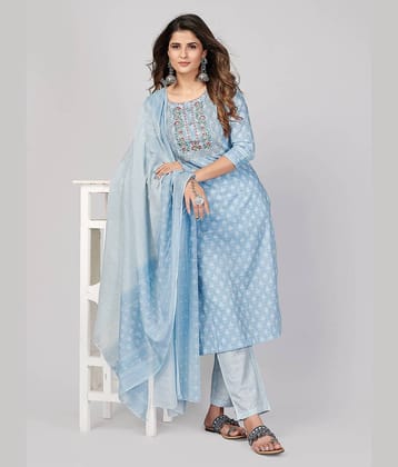 Vbuyz Women Cotton Embellished Straight Kurti With Pants ( Blue )