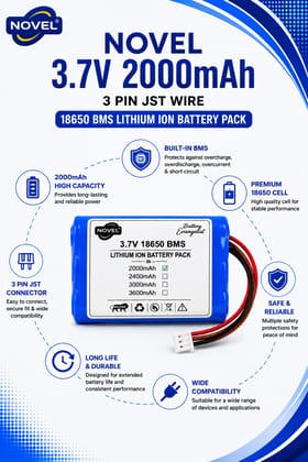 NOVEL 3.7V BMS 18650 LITHIUM ION DUAL BATTERY PACK WITH JST 3PIN- 2000mAh