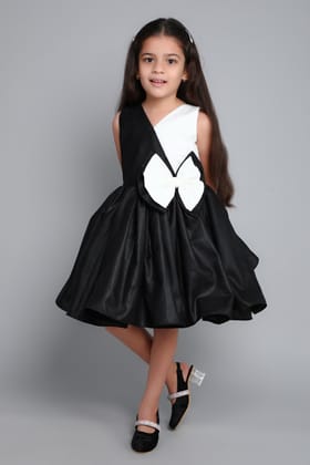 Colorblock Cotton Dress with Matching Clip  -Black & White-1-2Y / Black