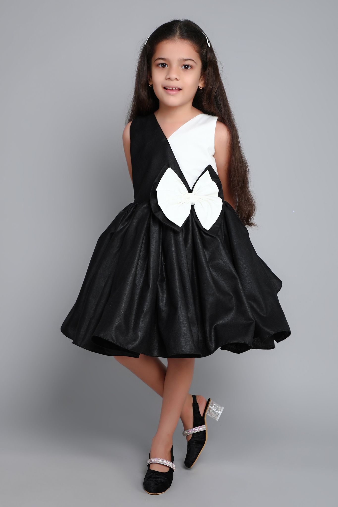 Colorblock Cotton Dress with Matching Clip  -Black & White-1-2Y / Black