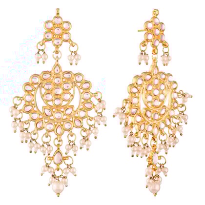 Gold Plated Ethnic Kundan and Pearls Dangler Earrings for Wo
