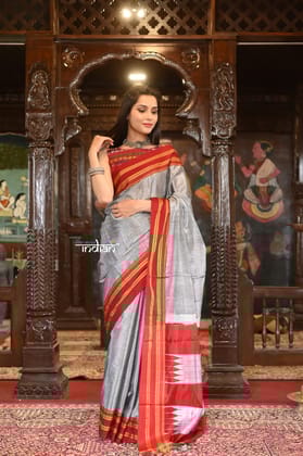 Handloom Cotton Viscose Ilkal Saree With Pure Resham Pallu - Bright Grey With Red Border