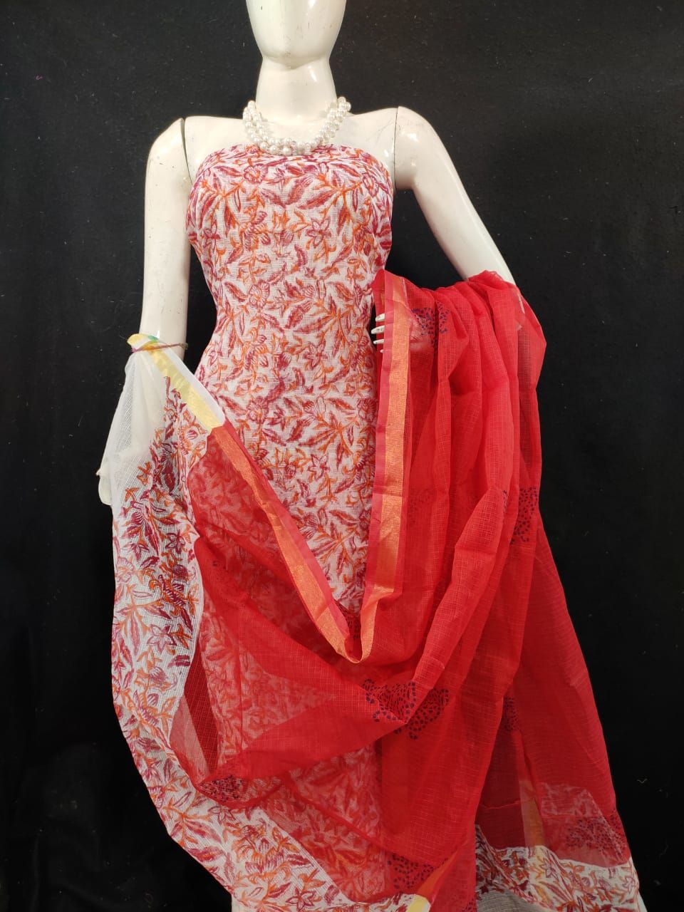 Modern Kota Doria Red Blockprinted Suit (Top+Dupatta+Bottom)