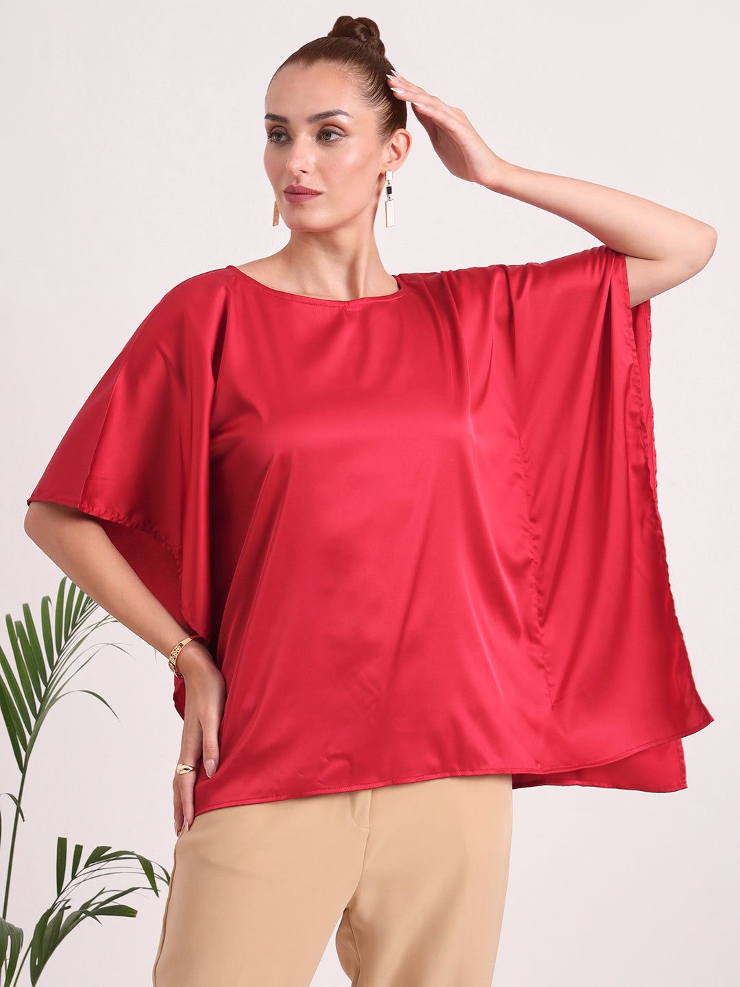 Women's European Satin Solid Baturing Sleeve Crepe-M