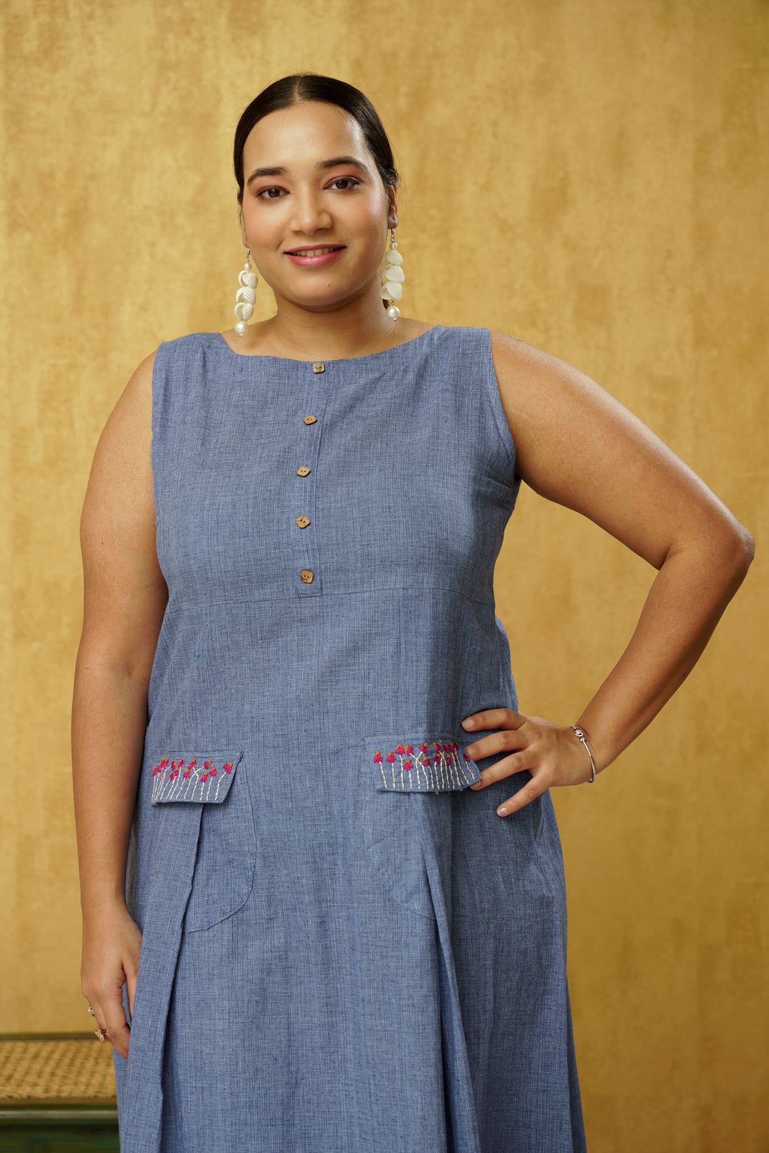 Beautifully designed Denim Blue Dress in Cotton