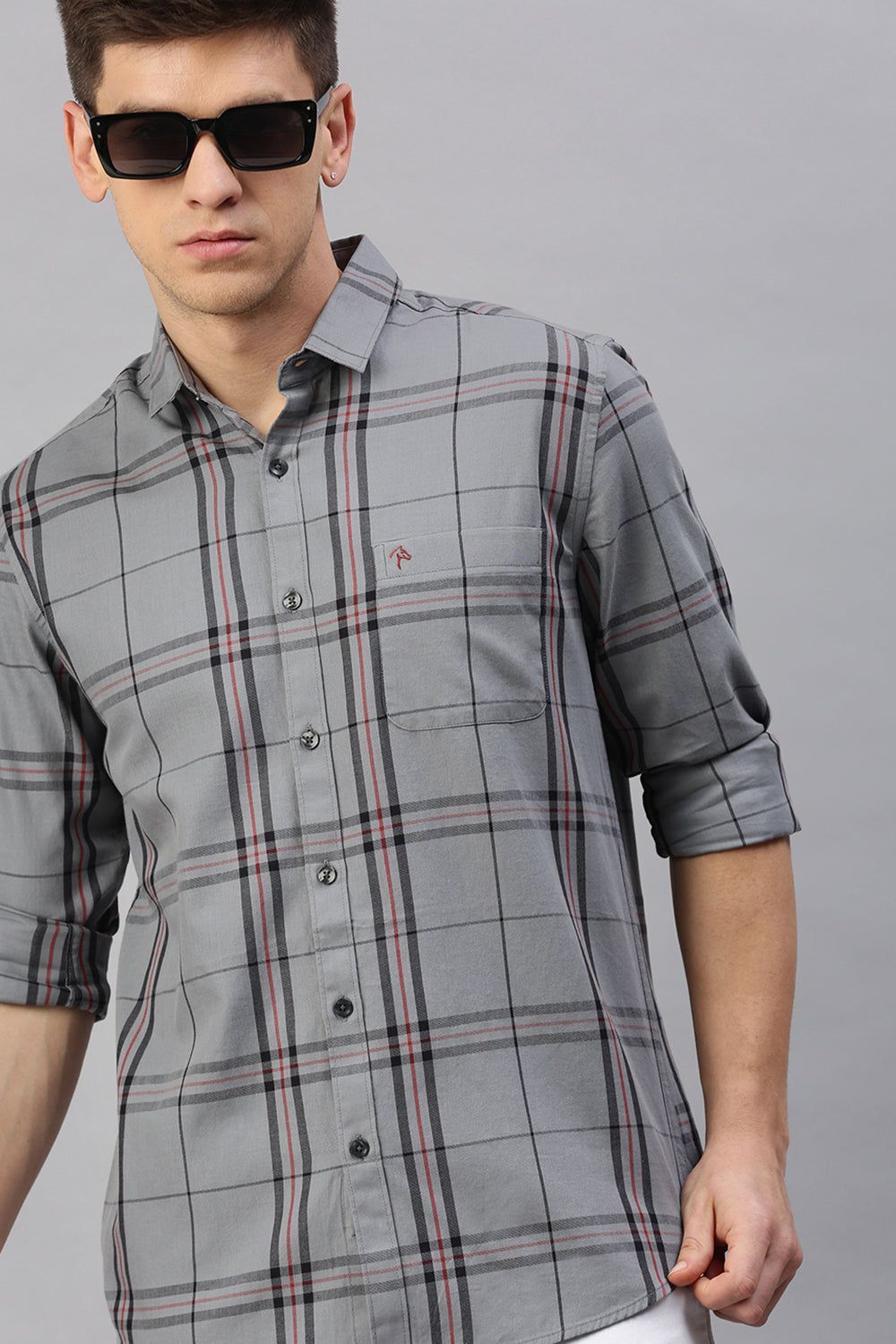 CP BRO Men's Cotton Full Sleeve Checked Slim Fit Polo Neck Grey Color Woven Shirt | Sbo1-46 A