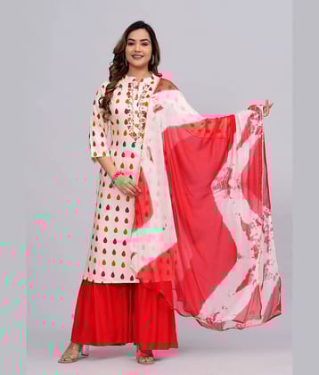 MAUKA Rayon Printed Kurti With Sharara And Gharara Women's Stitched Salwar Suit - Beige ( Pack of 1 )