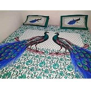 Peacock Printed Double Bedsheet And Pillow Cover