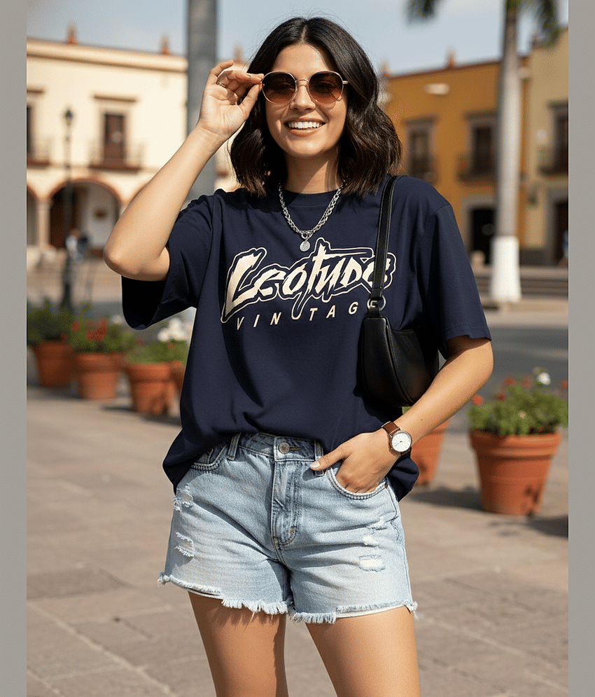 Leotude Women Cotton Blend Printed Oversized Fit Round Neck T-Shirt ( Navy Blue )