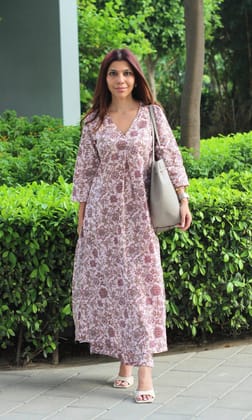 Cotton Pink Flower Print Pleated Kurta & Pants-XXS