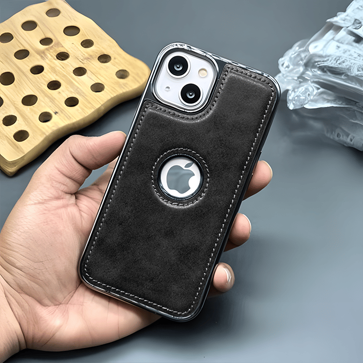 iPhone 13 Vintage Leather Logo Case-Black