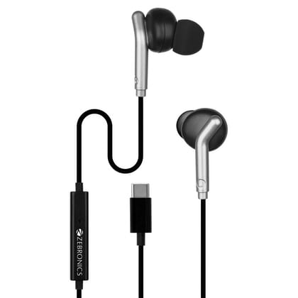 Zebronics Type-C Wired Earphones, in-Line MIC, Deep Bass, 1.2m Cable, 10mm Neodymium Driver, Light Weight, in-Ear Design, Compatible with Mobile, Tablet, Laptop (Bro C, Black)