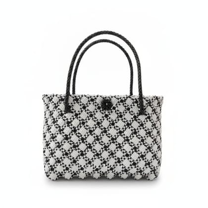 Handwoven Black & White Plastic Basket Bag with Braided Handles