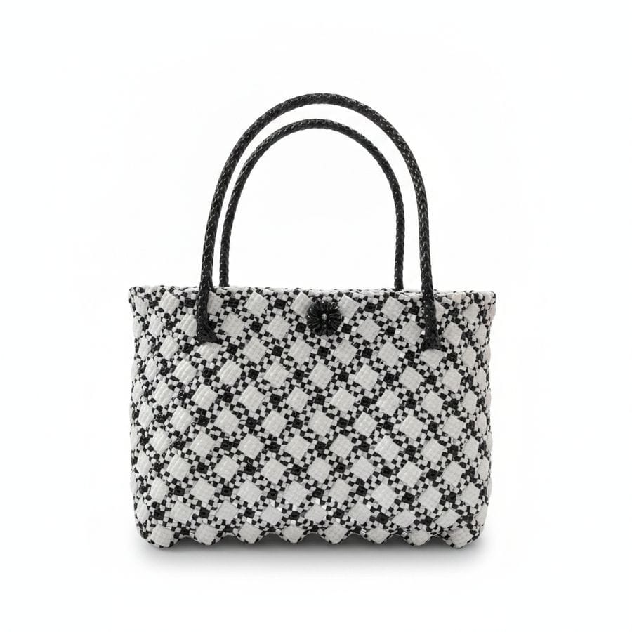Handwoven Black & White Plastic Basket Bag with Braided Handles
