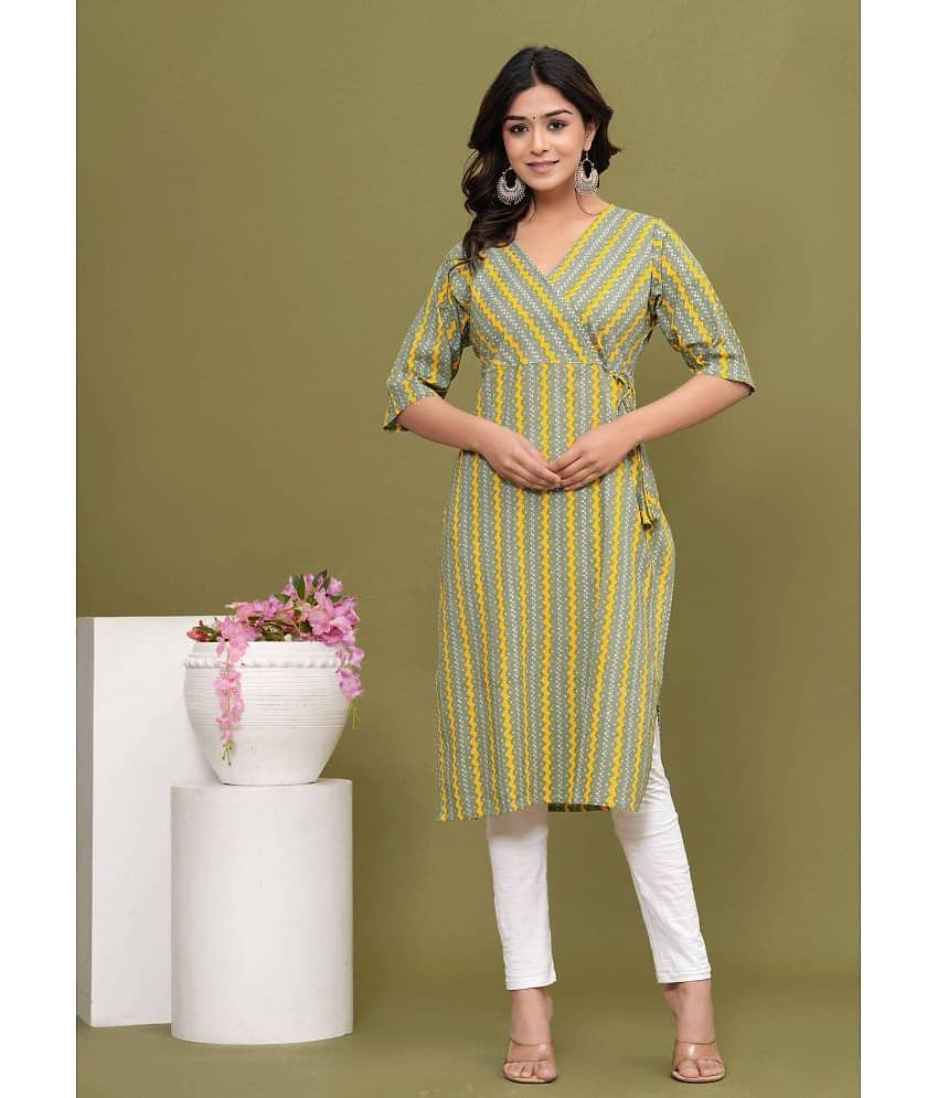 Glorious Cotton Blend Printed Angrakha Women's Kurti - Green ( Pack of 1 )