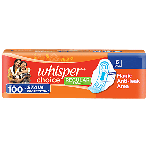 Whisper Choice Sanitary Pads With Wings 100% Stain Protection Regular - 6 pcs