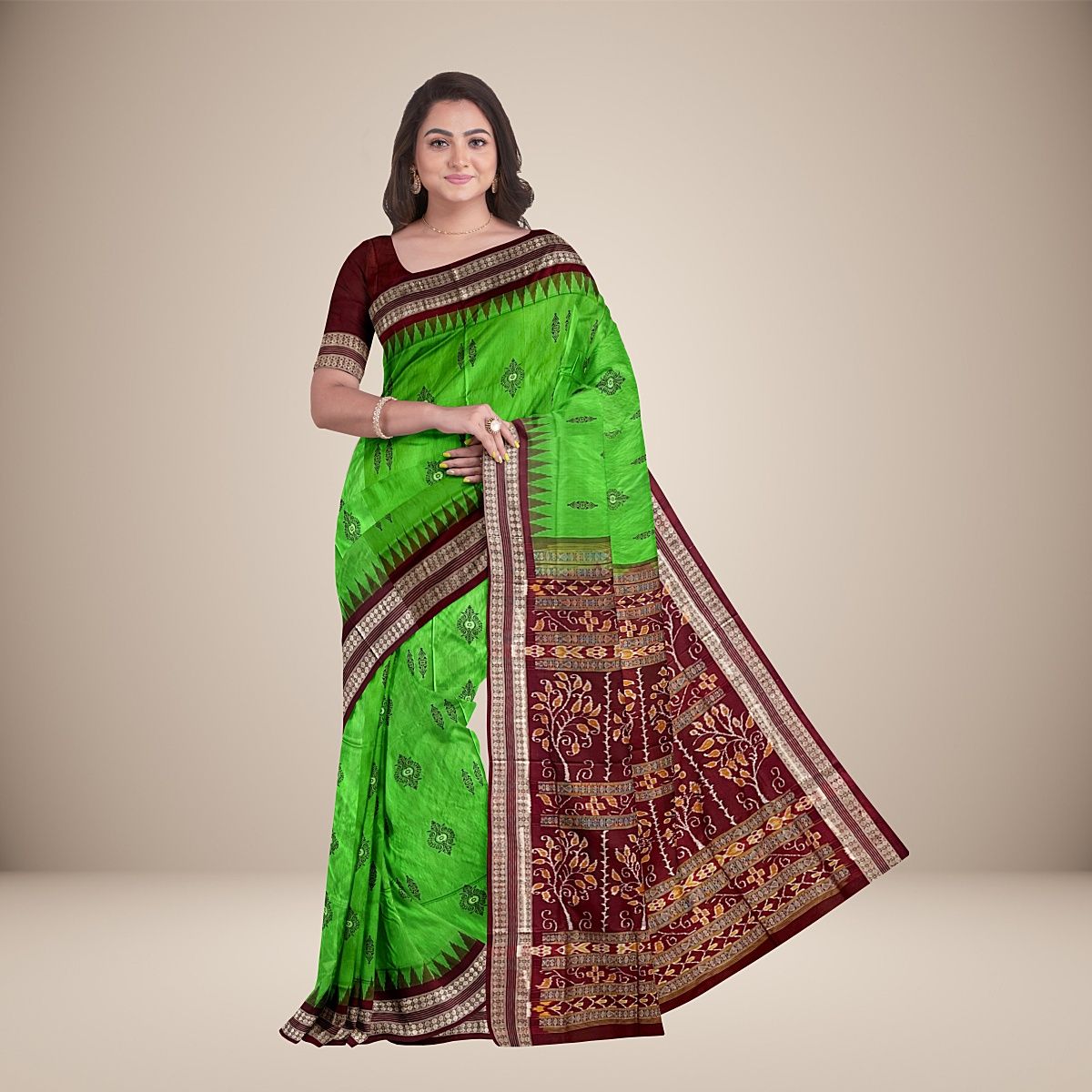 Multi Motif Temple Border Bomkai Silk Saree
