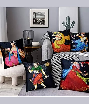 Laphino Set of 5 Jute Graphic Square Cushion Cover (40X40)cm - Black