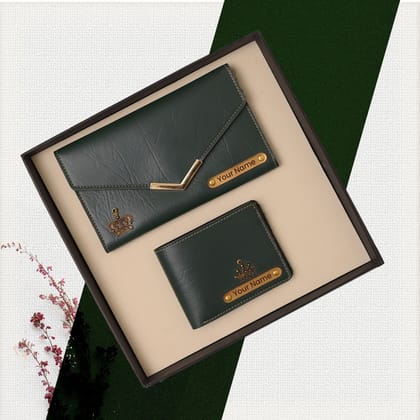 Personalised Ladies Clutch + Men's Wallet Combo Green