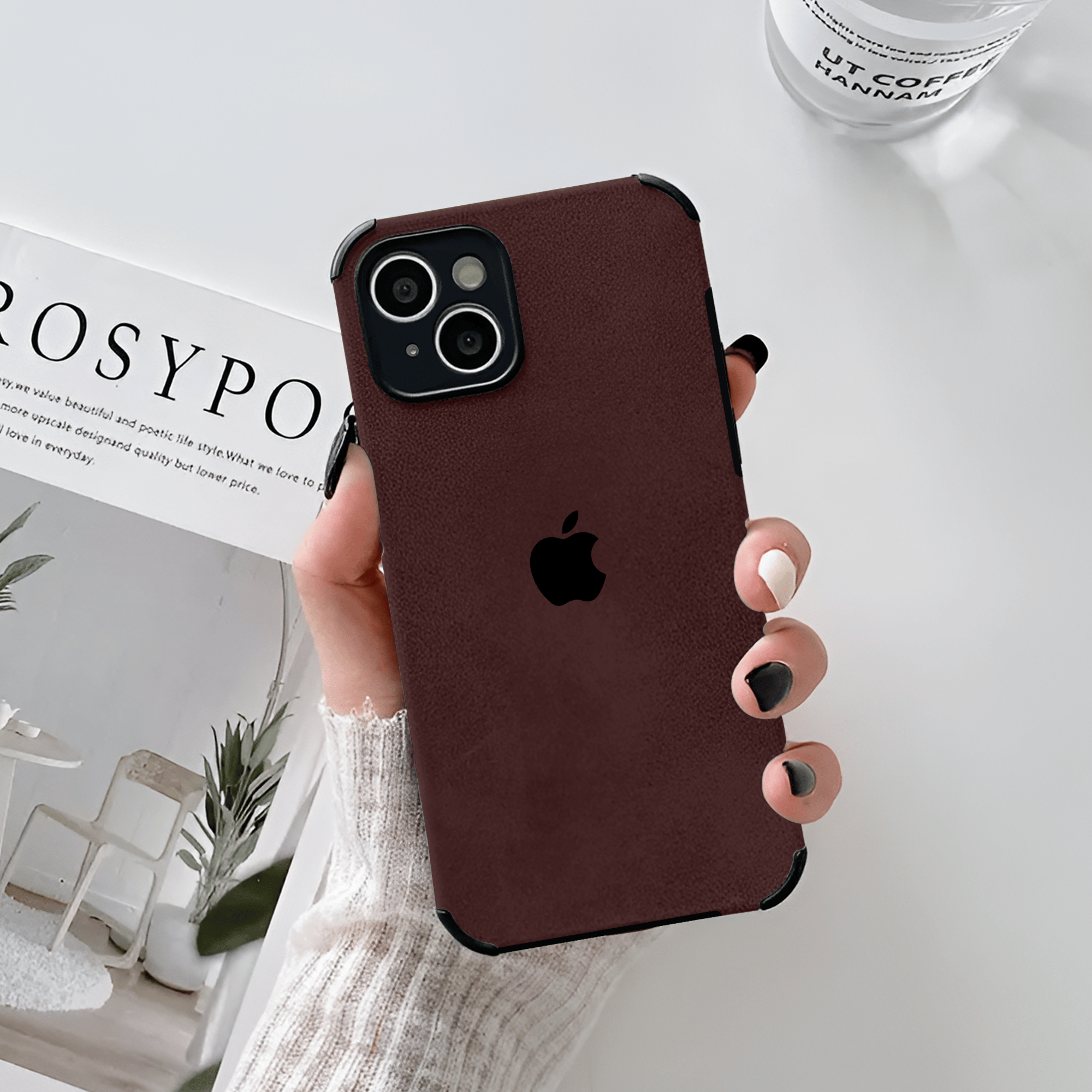 iPhone 14 Leather Finish Bumper Case-Maroon