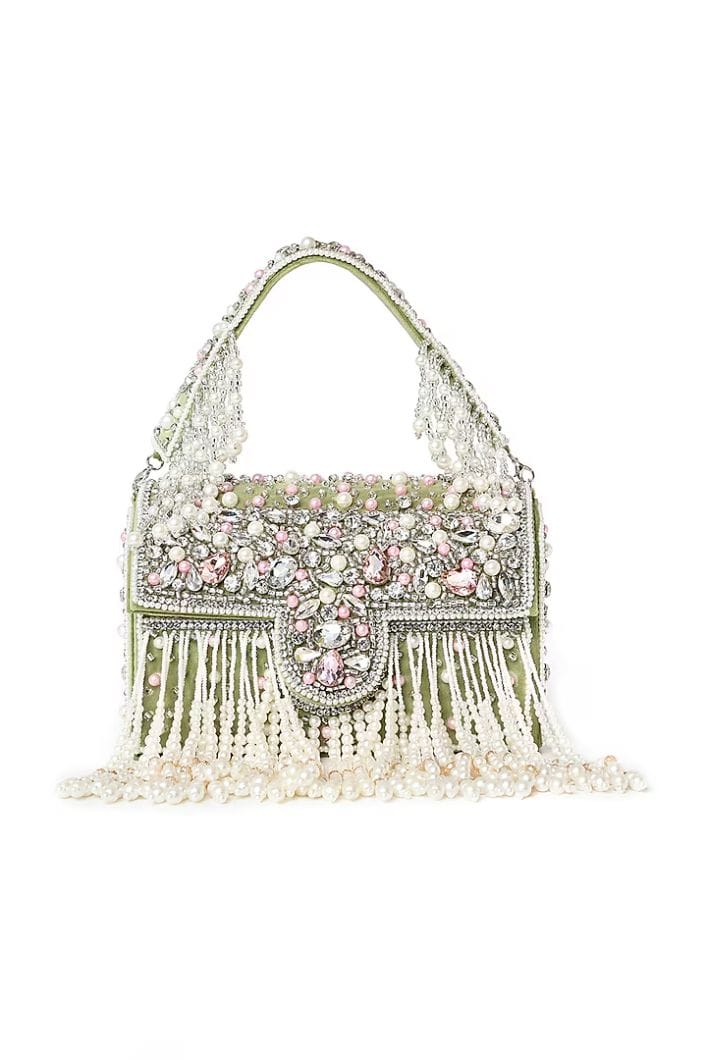 Mint Green Suede Pearl & Stone Work Box Clutch