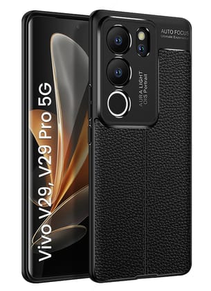Vegan Leather Rugged Flexible TPU Series Shockproof Armor Back Cover for Vivo V29 5G, Vivo V29 Pro 5G, 6.78 inch, Black