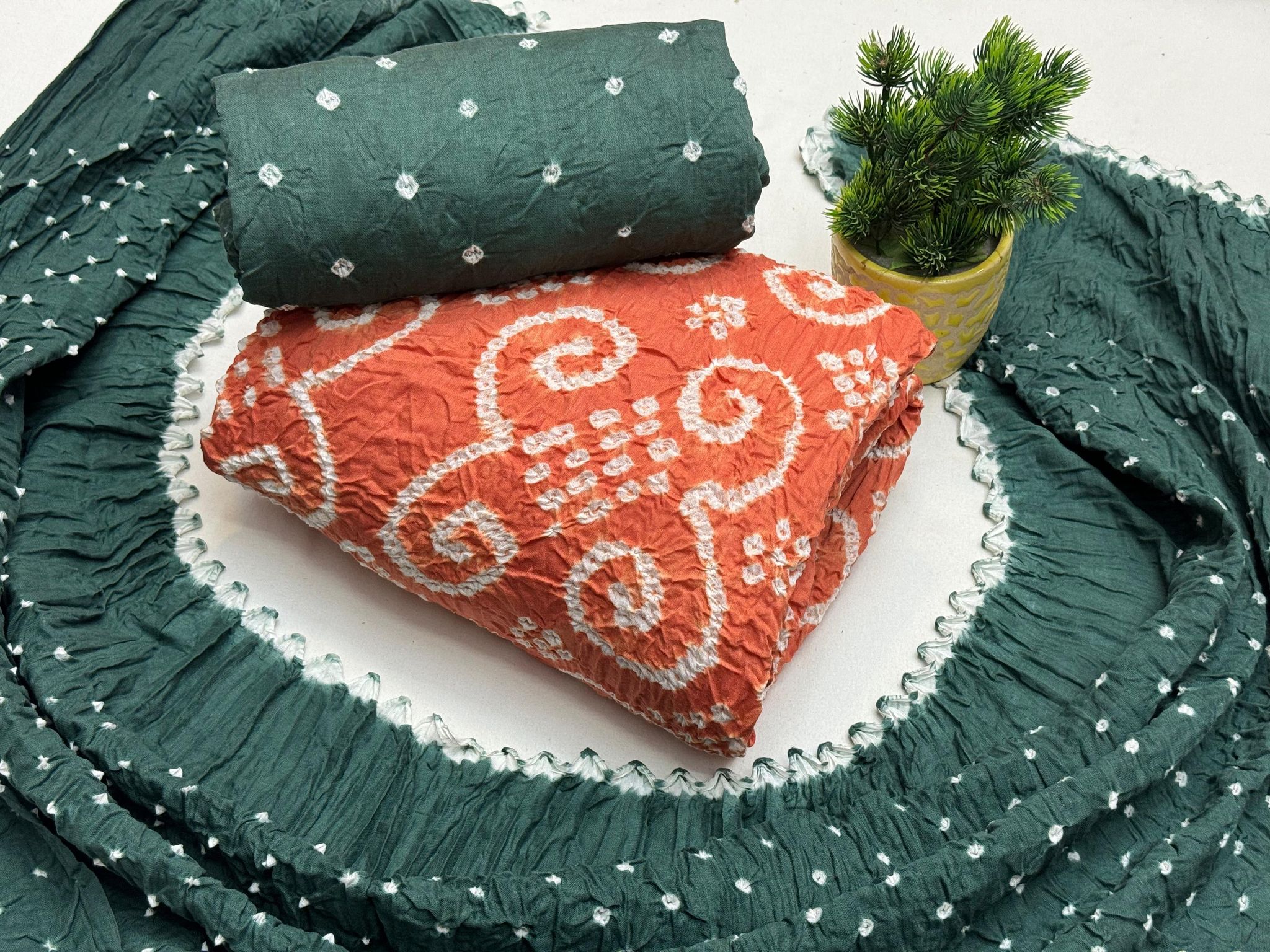 Cotton Kutch Bandhani Dress Material-Orange-Grey