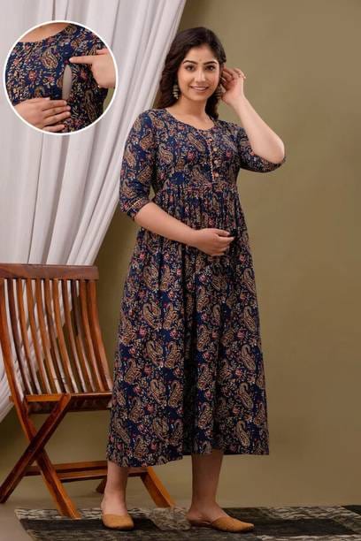 Women Printed Cotton Blend Anarkali Kurta  (Blue)