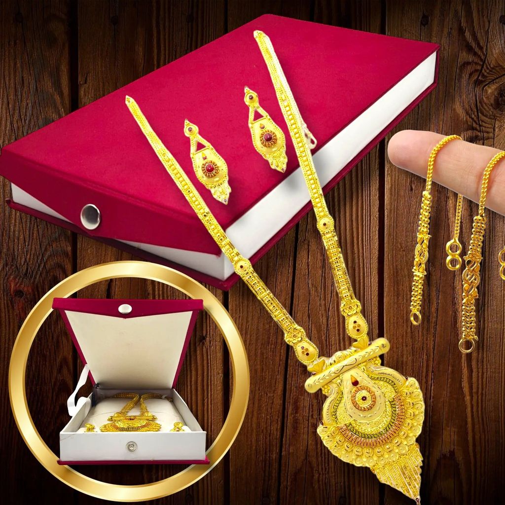 One-Gram Gold-Plated Long Haram Necklace Set with Earrings and Earring support Chain