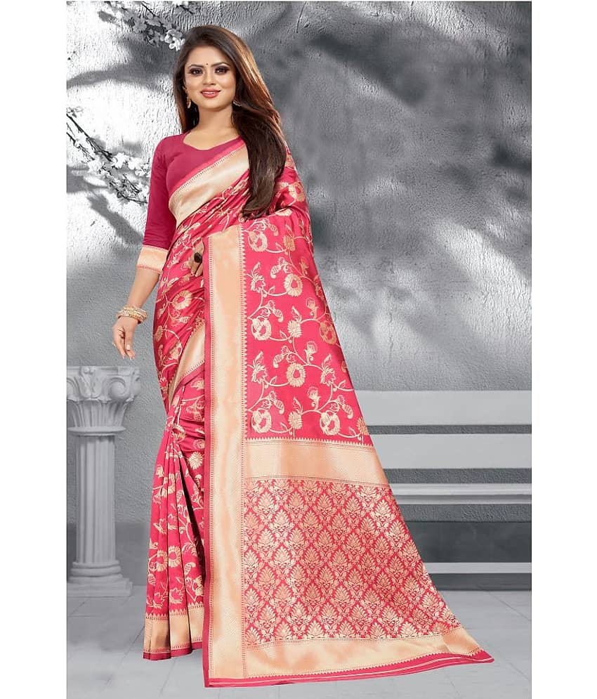Gazal Fashions Banarasi Silk Printed Saree With Unstitched Blouse Piece ( Pink )