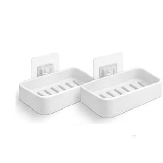 (Pack of 2) Qonetic Soap Holder for Bathroom,Caddy Organizer Shelf Without Drilling,Self Draining Soap Dish Hanging Waterproof Box Storage Rack with Adhesive Sticker (2) - Plastic, Multicolor