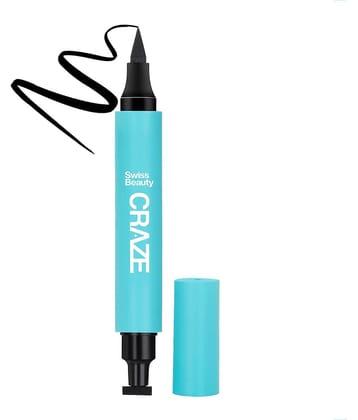 Swiss Beauty CRAZE 2 in 1 Waterproof Eyeliner Pen with Stamp , Black (Pack of 1)