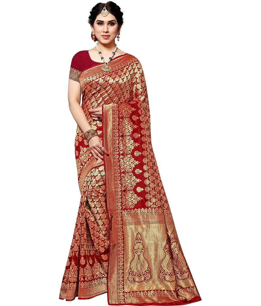 Sidhidata Jacquard Self Design Saree With Unstitched Blouse Piece ( Red )