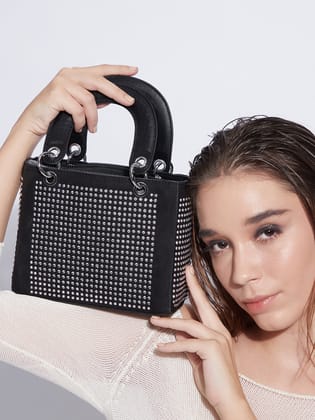 Rhinestone Top Handle Handbag - Black-Handheld Bag