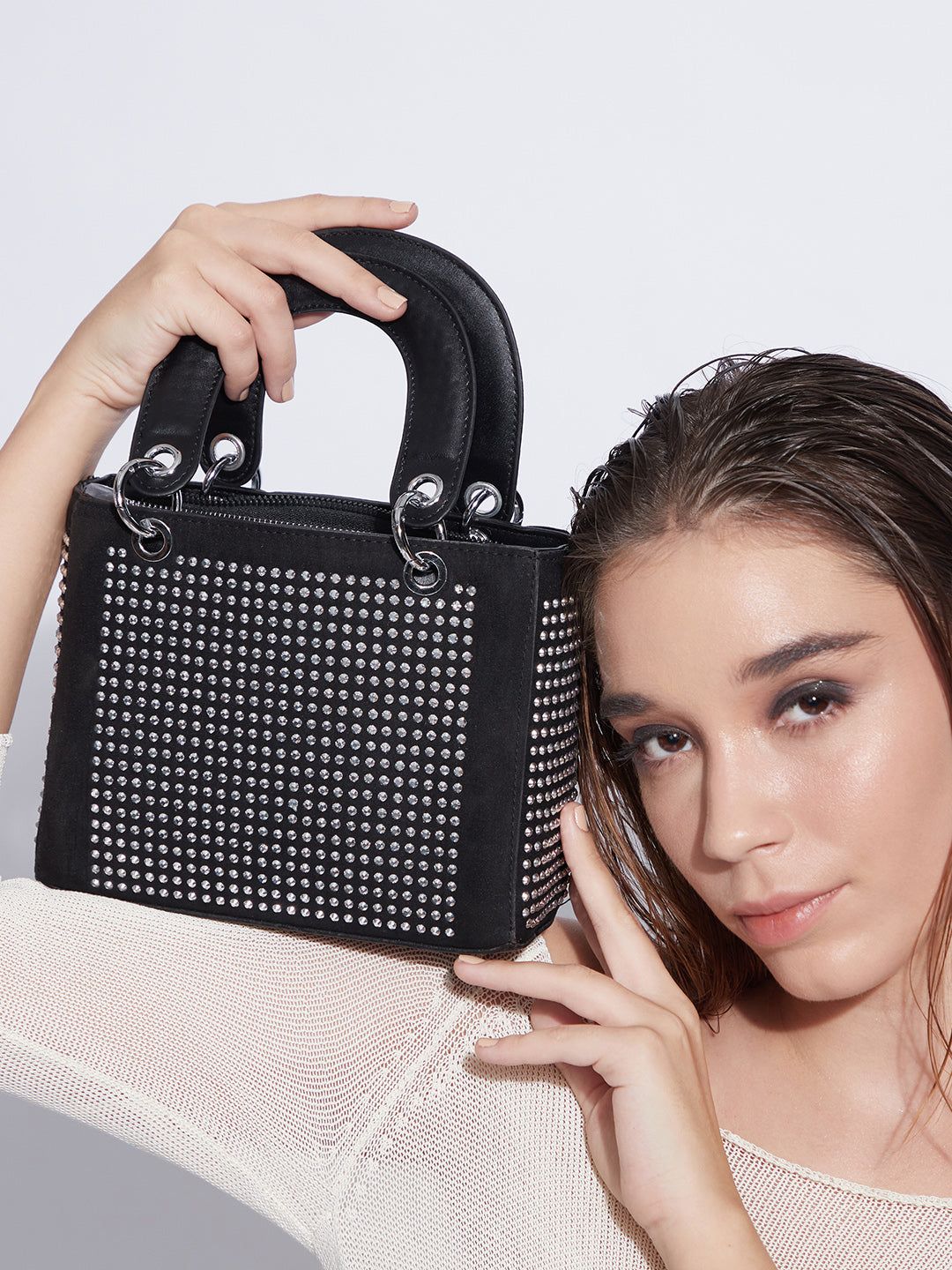 Rhinestone Top Handle Handbag - Black-Handheld Bag