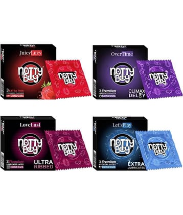 NottyBoy Multi Variety Extra Thin Strawberry Fruit Flavoured, Ultra Ribbed, Long Time, More Lubricated Smooth Condoms - 12 Units