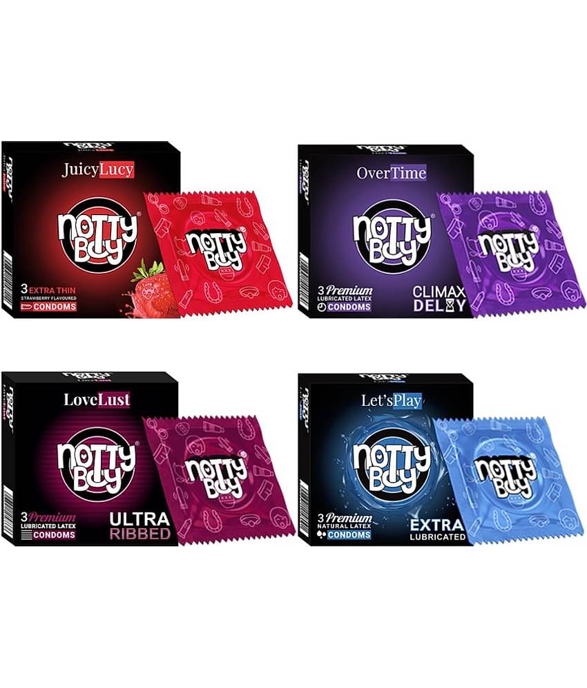 NottyBoy Multi Variety Extra Thin Strawberry Fruit Flavoured, Ultra Ribbed, Long Time, More Lubricated Smooth Condoms - 12 Units