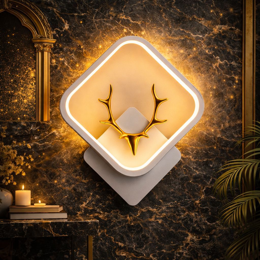 SPARKWORLD Modern White Deer Design Square Wall Lamp | LED Decorative Night Light for Bedroom, Living Room & Home Decor | Size: 25X30 cm | Colour: Square White