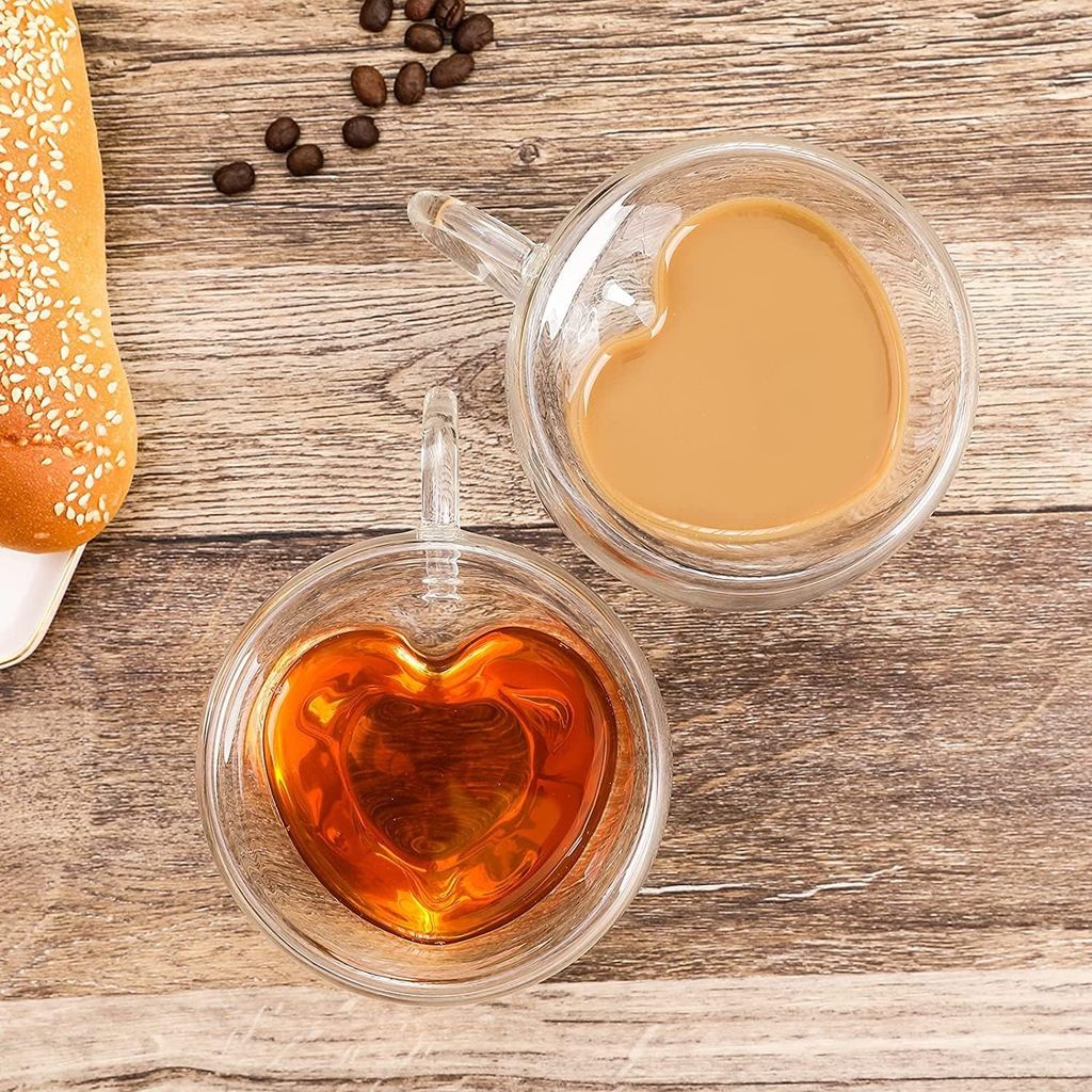 Heart Shaped Transparent Double Walled Insulated Glass Coffee Mugs or Tea Cups with Unique Handle (410 Ml)