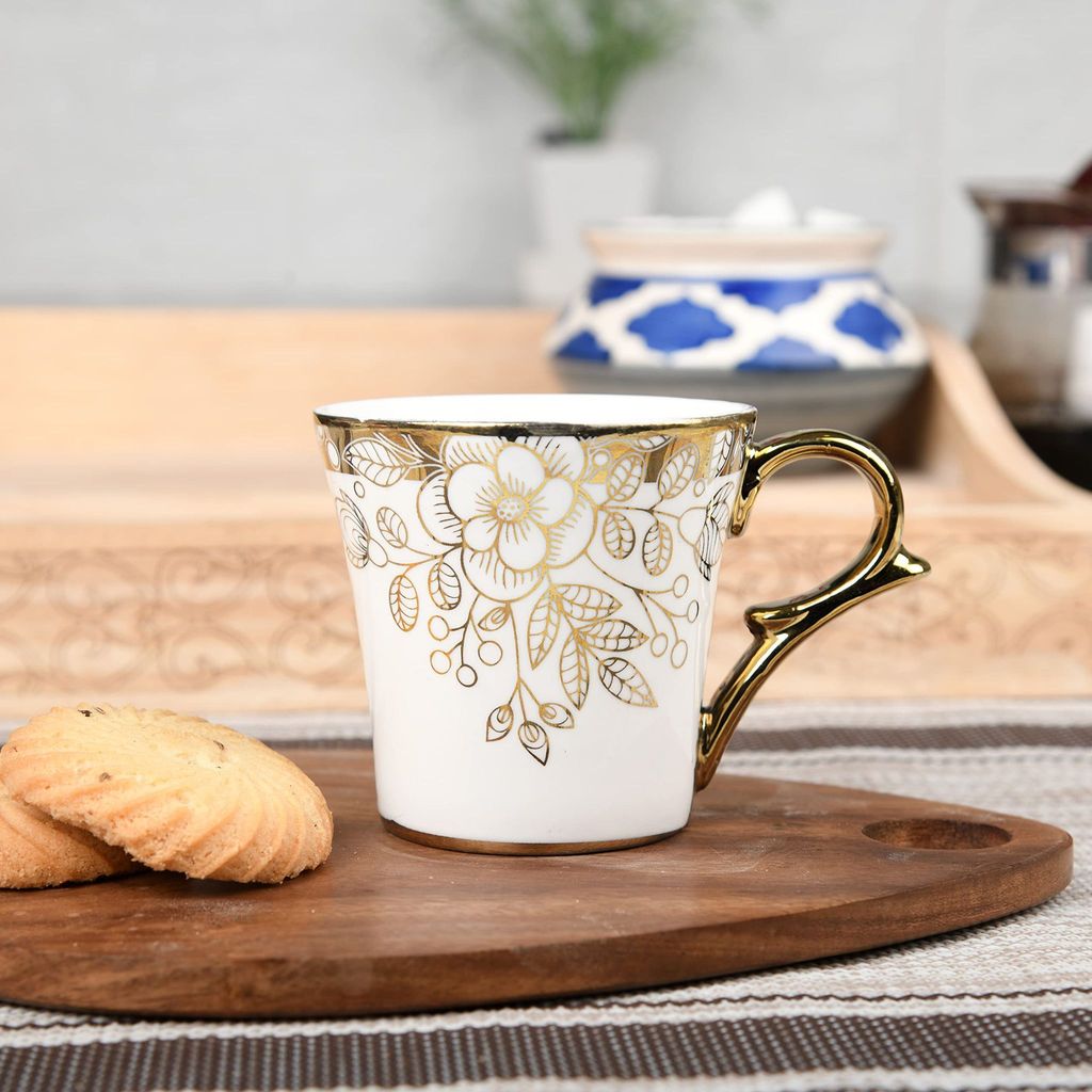 Femora Gold Floral Buds Leaves Tea Mugs, Ceramic Tea Cups, Coffee Mugs (160 ml) - 6 Pcs Set