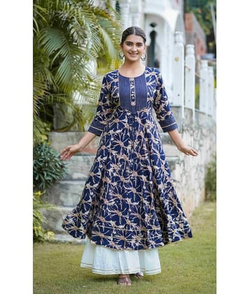 Yash Gallery Rayon Printed Anarkali Women's Kurti - Blue ( Pack of 1 )