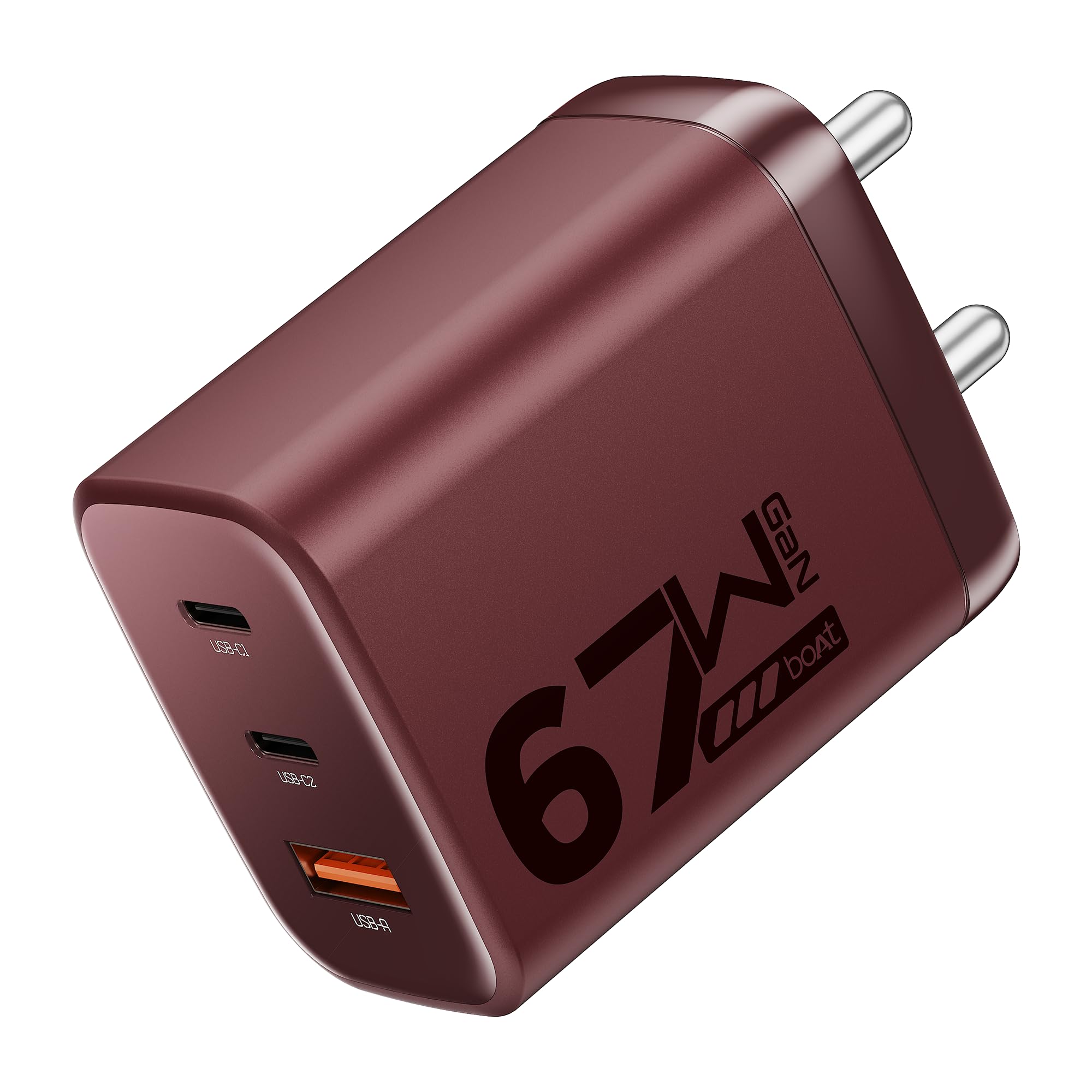 boAt 67W GaN Charger USB Type C, Ultra-Fast Triple Port Fast Charging, Laptop Compatible, Compact & Lightweight, Supports All iPhones, Android Phones, Laptops, Macbooks (Monarch Red)