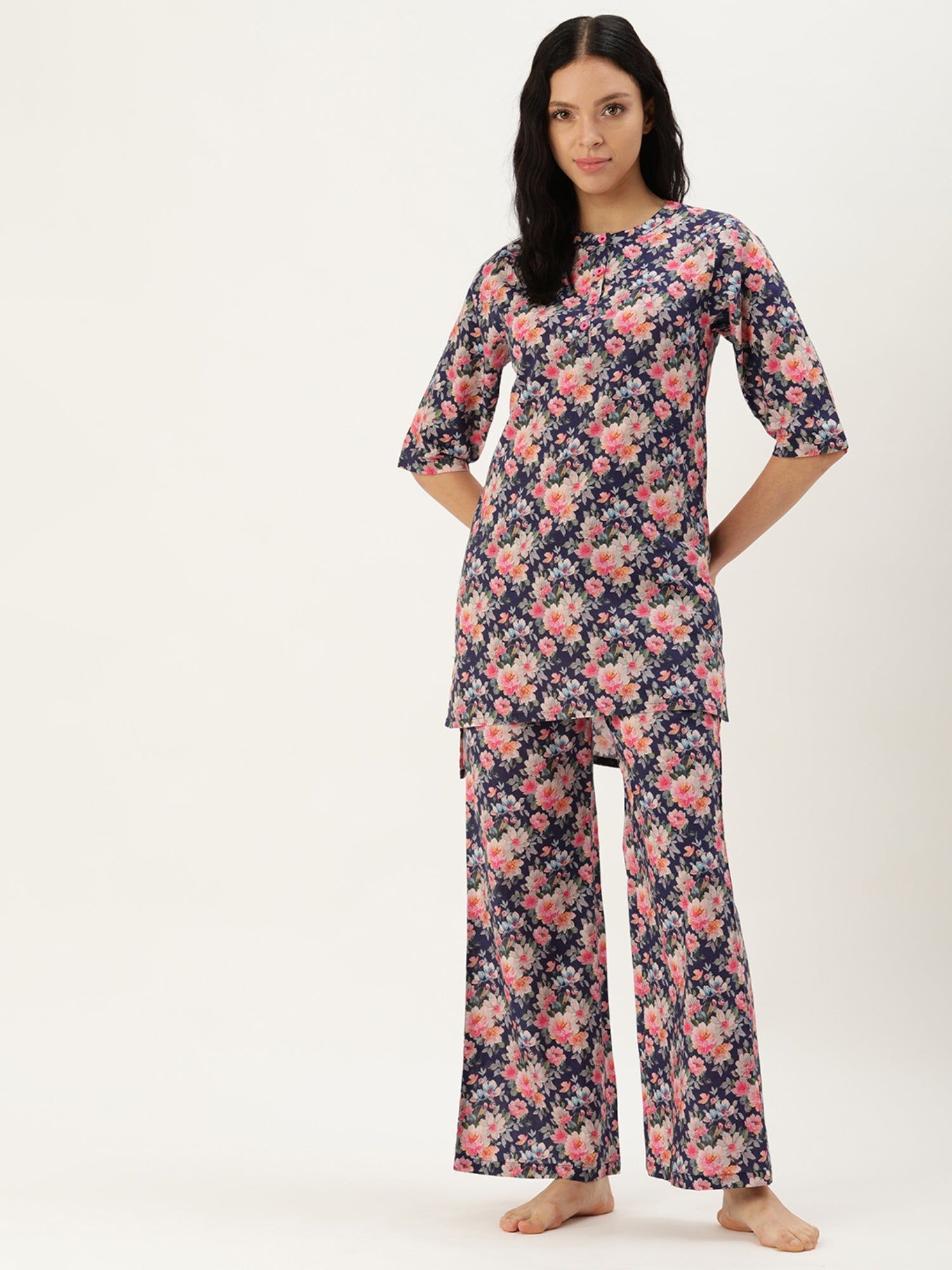 Navy Blue Floral Bagh Kurta & Palazzo-M