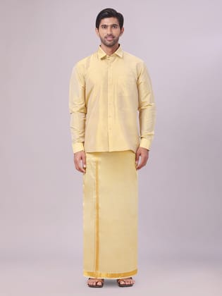 Mens Art Silk Mango Full Sleeves Shirt with Gold Jari Border Dhoti Combo Finesse-36 / F/S / Mango