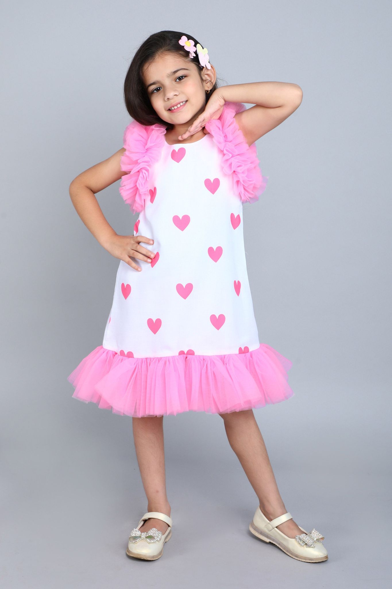 Heart Printed A Line Cotton Dress -Pink-1-2Y / Pink