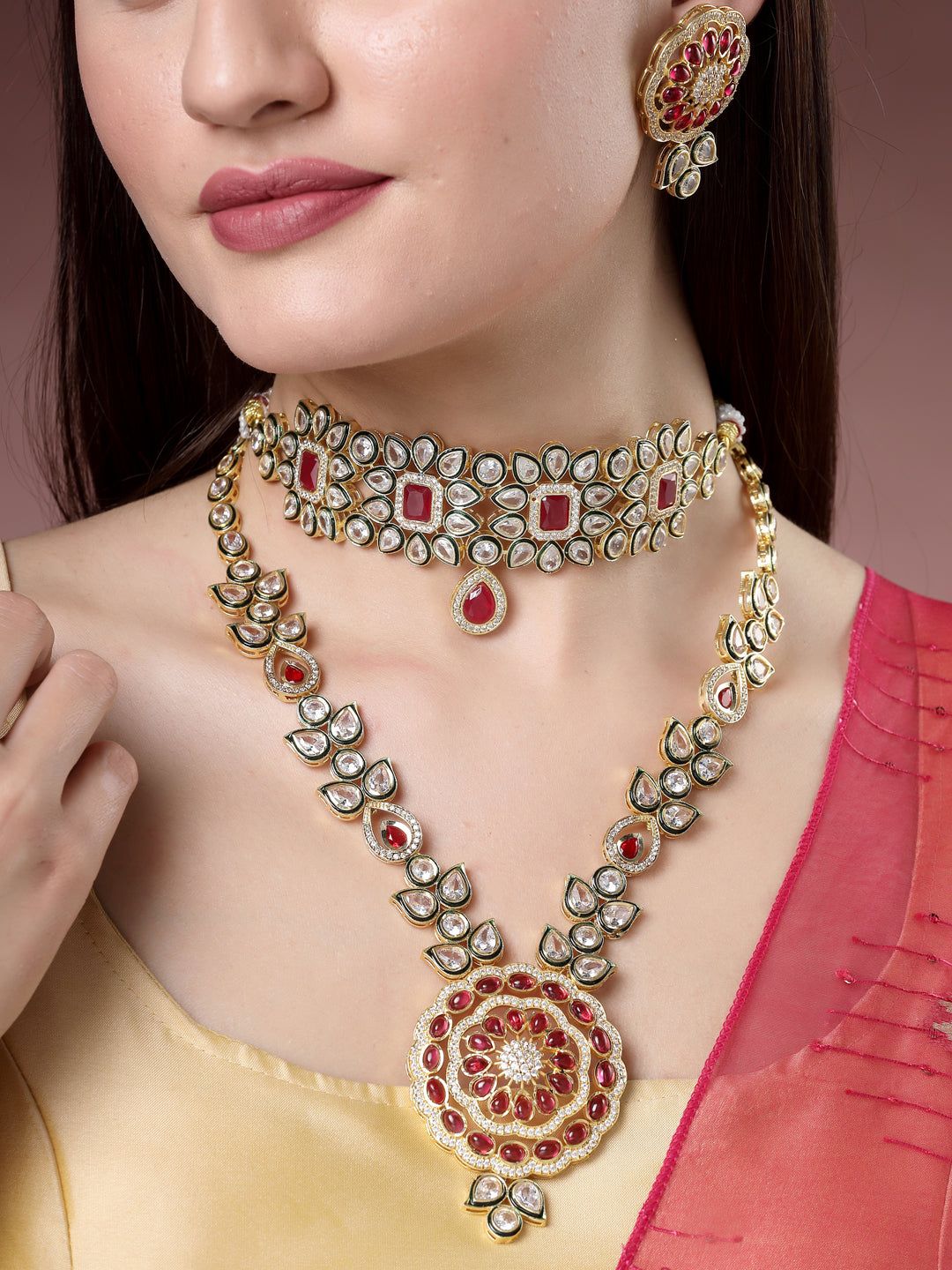 NVR Women Set of 2 Red & Gold Kundan Studded Jewellery Set Choker & Long Necklace with Earrings-Onesize / Red / Brass