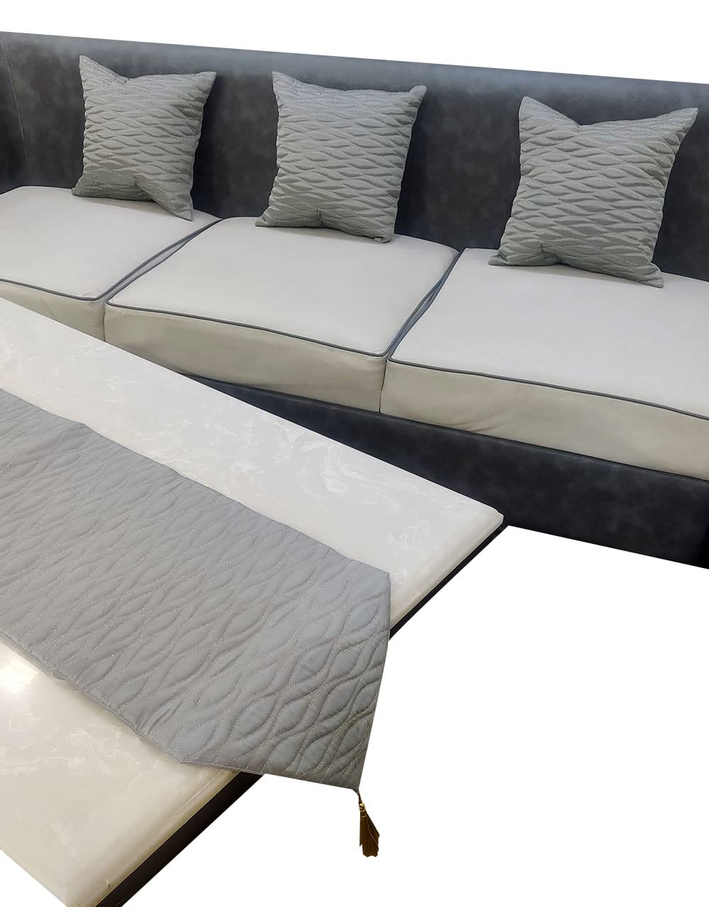GOODVIBES Grey Woven 3 Square Quilted Cushion Cover and 1 Table Runner Combo Luxury Modern Pillow Cover for Sofa Living Room Bedroom |16X16 Inch I12 X 59 Inch Table Runner