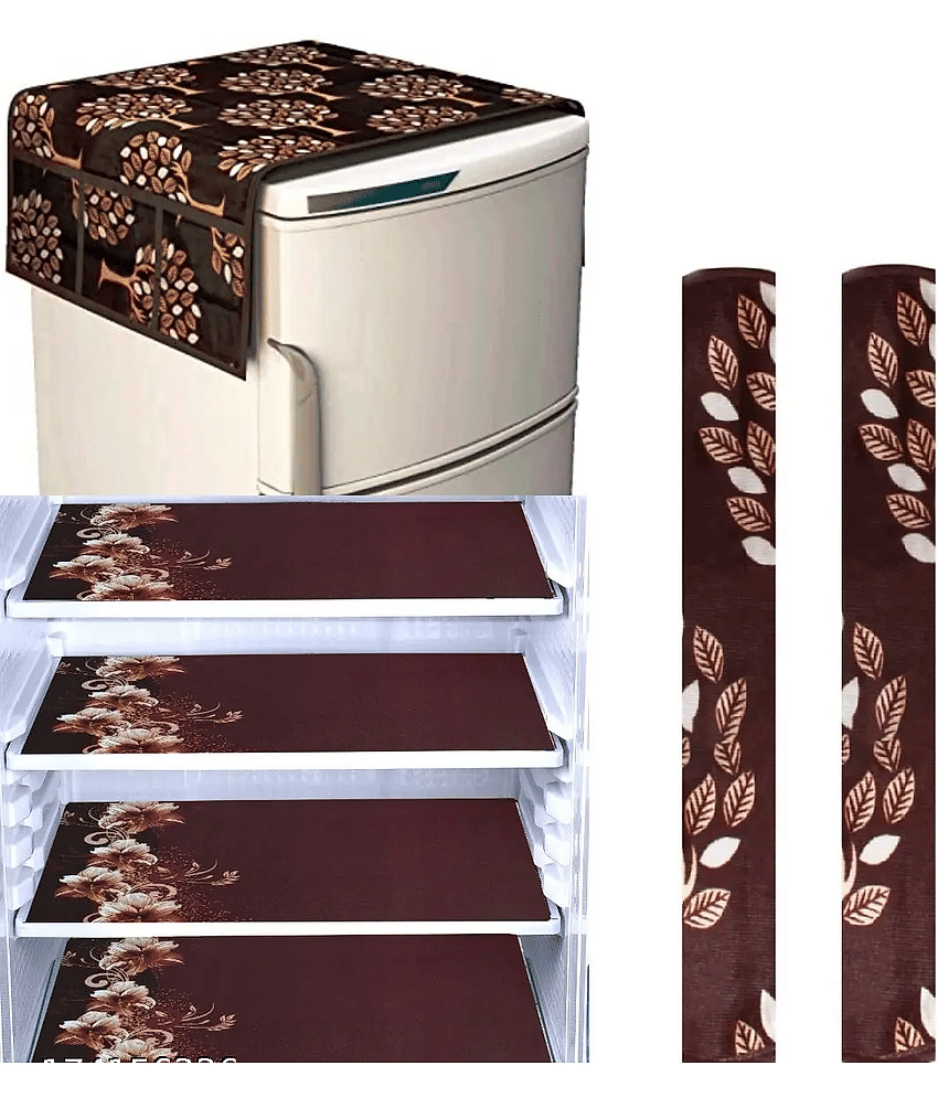 Crosmo Polyester Floral Fridge Mat & Cover ( 99 53 ) Pack Of 7 - Brown
