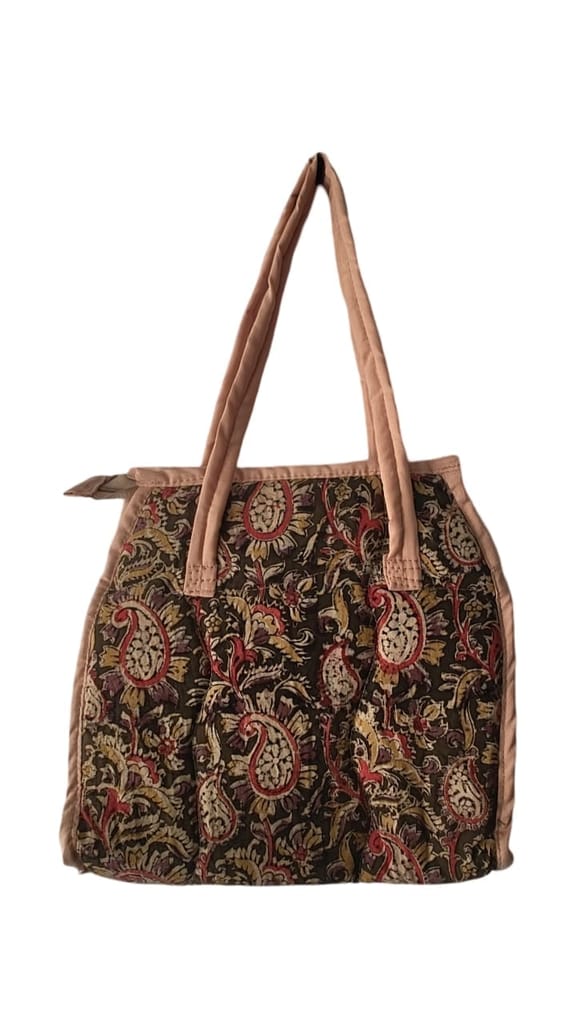 KALANKARI Handcrafted Quilted Cotton Tote Bag with Paisley Print and Pink Handles