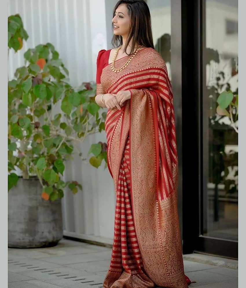Rangtulika Ethnics Banarasi Silk Printed Saree With Unstitched Blouse Piece ( Red )